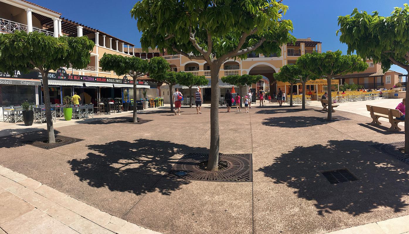 Solfylt torg med striglede trær, gående mennesker, uteservering på kafeer og fargerike bygninger i bakgrunnen.